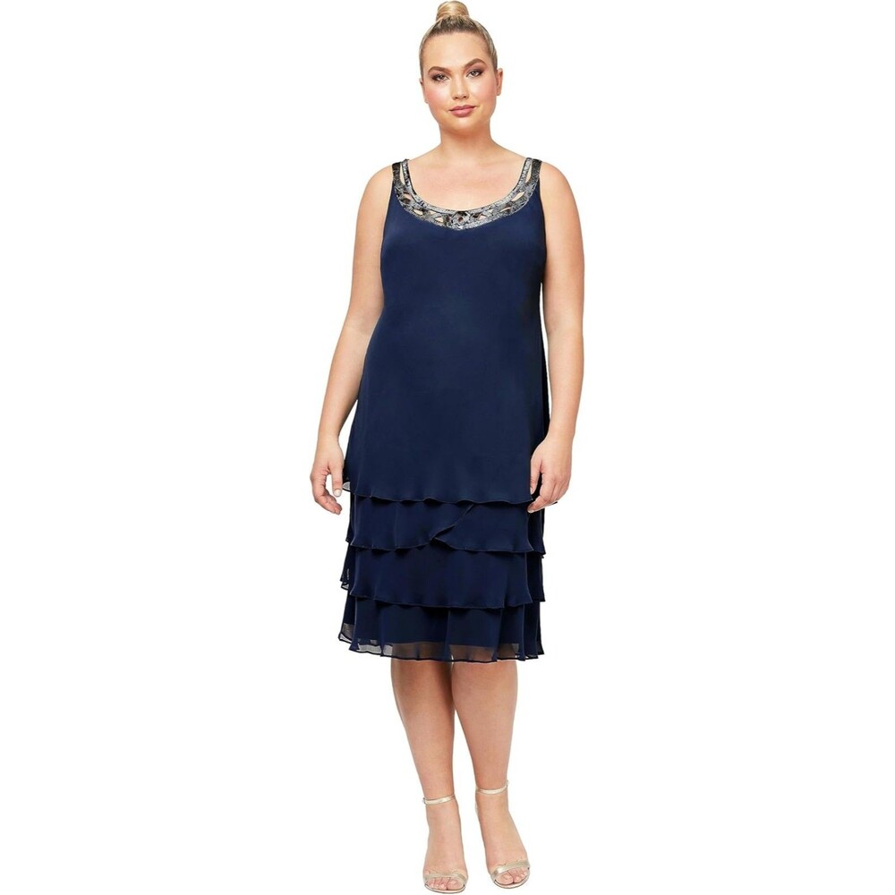 S L Fashions Women's Blue Scoop Neck Sleeveless Shift Dress Size 16
